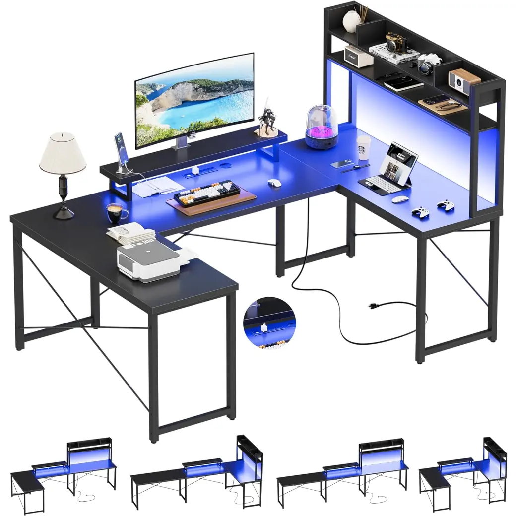 Large U Shaped Computer Desk with Hutch, Customizable Reversible L Shaped Office Desk with Power Outlets & LED Lights, Corner Gaming Table with Monitor Stand, 122” 2 Person Long Desk, Black