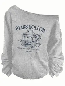 Women's Y2K Style Off-Shoulder Long Sleeve Knit Sweatshirt Tops, Casual Fitted Design, Letter Pattern, Perfect for Fall & Winter