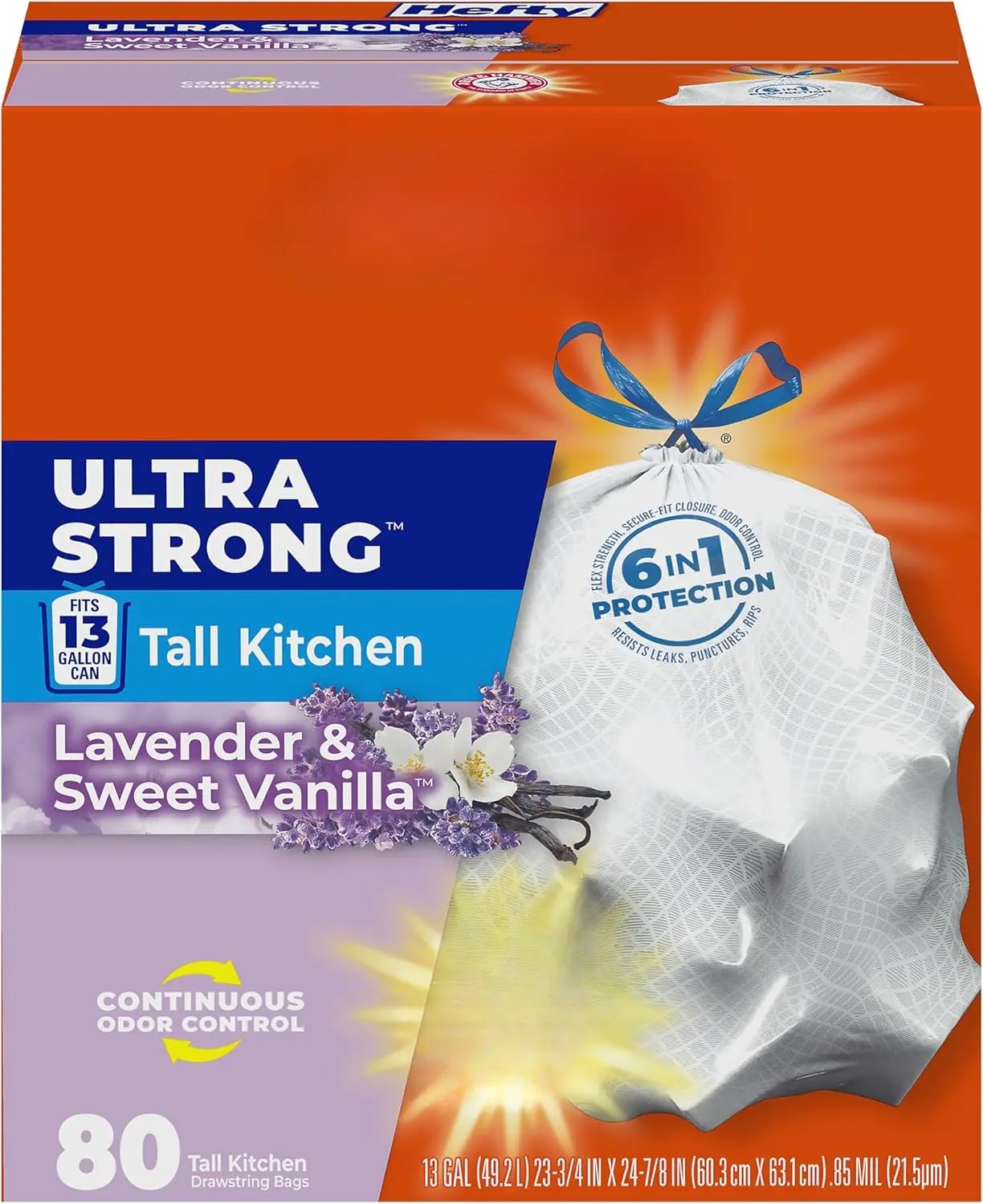 13 Gallon Tall Kitchen Drawstring Trash Bags, Lavender Vanilla Scented White Garbage Bags, 80 Count