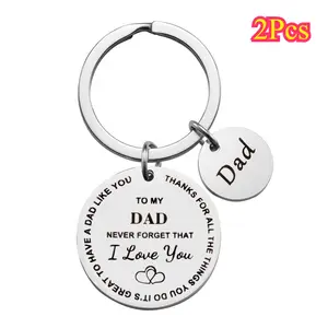 2pcs To My Dad, Father'S Day Christmas Creative Gift Stainless Steel Keychain Round Engraved DIY Cute Pendant