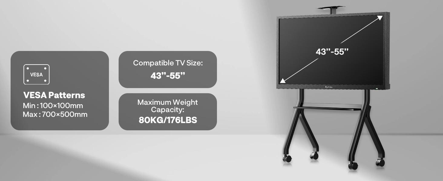 SYLVOX Outdoor TV Y-Type Rolling TV Cart Stand for 43-55 Inch TVs – Waterproof, Heavy-Duty Alloy Steel, 360° Locking Wheels, Adjustable Height & Shelf, VESA 100x100-700x500mm (Max 80kg/176lbs)