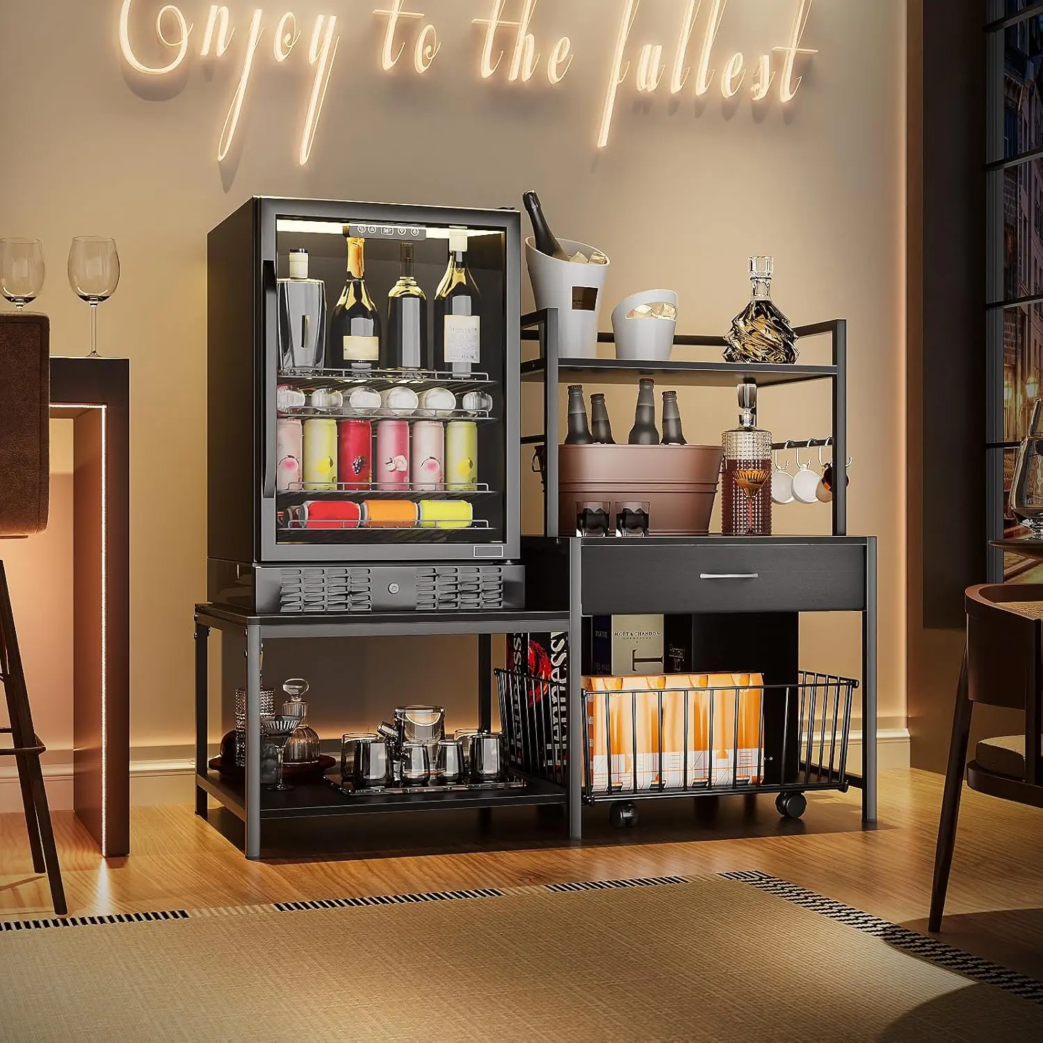 Laminated Fiber Mini Fridge Organizer Stand - Neutral Finish, Movable Basket, Built-In Charging Station, Adjustable, Scratch Resistant, Durable (Above 25 kg Capacity), Dorm Kitchen Storage Rack, Easy Setup, Assembly Required, Detailed Installation Video