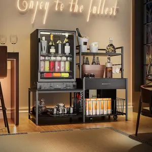 Black Heavy-Duty Adjustable 4-Layer Laminated Fiber Mini Fridge Organizer Stand - Neutral Finish, Movable Basket, Power Outlet, Racks, Easy Installation for Kitchen & Dorm Home Storage Cabinets