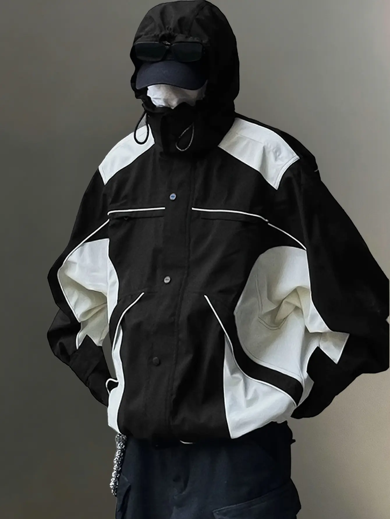 Men’s 1990s vintage color-block windbreaker jacket, Gorpcore waterproof and windproof hooded retro outdoor streetwear coat for hiking and casual everyday wear Menswear Coats Jackets Tops Long Sleeve