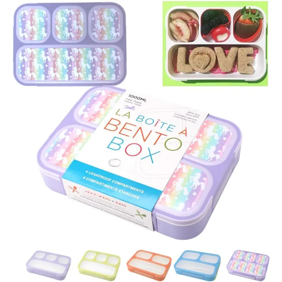 Unicorn Bento Box Lunch Box for ,  | Snack Containers with 4 Compartment Dividers, Boxes for    Lunches BPA Free, Food & Microwave Safe | Purple Rainbow Unicornio