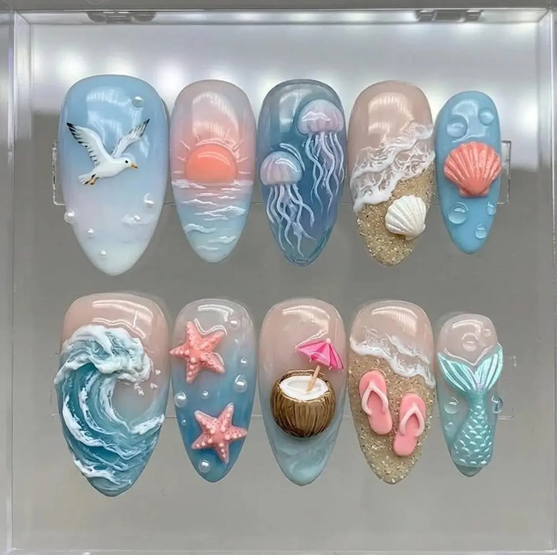 Handcrafted 3D Beach Press On Nails, Sculpted Ocean Wave Luxury Nail Set, Nails For Bold Tropical Summer Vacation Vibes