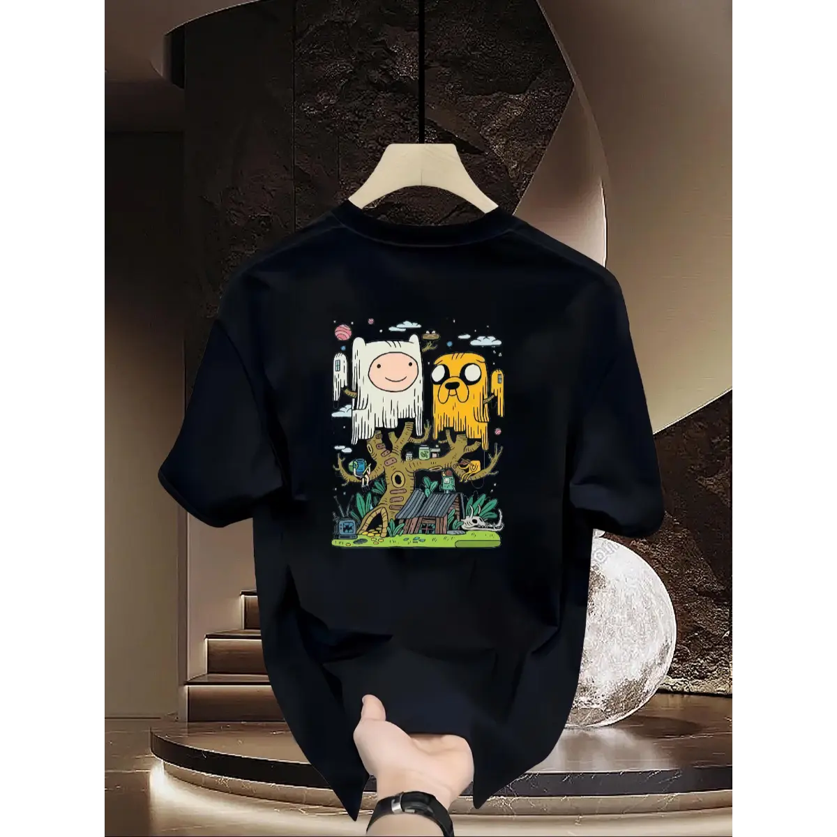 Adventure Time Oversized Graphic Tee - Retro Cartoon Soft Casual Ribbed Print Heavy Cotton Sports Top, Limited Festival Drop, Fabric
