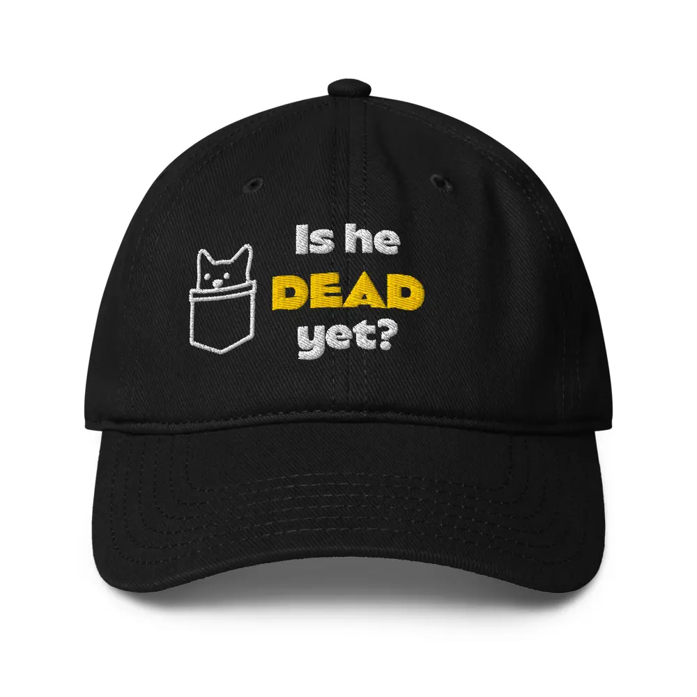 Low-profile embroidered baseball cap with  "Is H Dead Yet?"