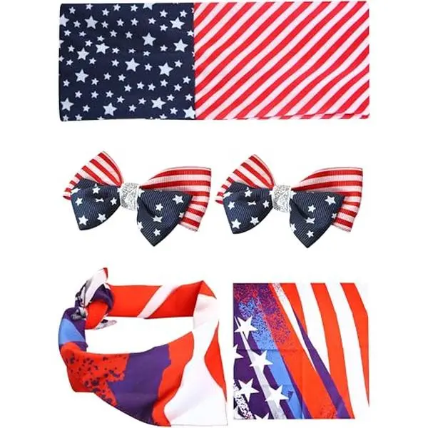 4 Pcs Patriotic Accessories Set - US American Flag Headband, Bandana, and 2 Hairpins for Independence Day, Memorial Day, Veterans Day, and Celebrations