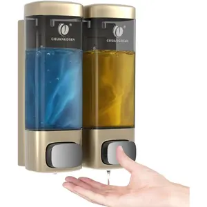 Wall Mounted 2-in-1 Shampoo and Conditioner Shower Dispenser No Drill Easy Installation, 320ml*2 Chamber Soap Dispenser for Bathroom Hotel Home Gym Champagne Gold