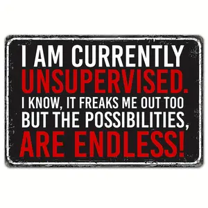 1pc Sarcastic Metal Retro Aluminum Signs Im Currently Unsupervised Funny Posters Suitable for Outdoor Wall Decoration Street Yard Porch Garage Home Cafe Bar Club Man Cave Shop Farm Garden Wall Art Signs Holiday Gift (8X12/30Cm* 20Cm)
