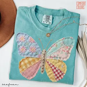 Comfort Colors Faux Patchwork Butterfly PRINTED TShirt, Spring Butterfly T-Shirts, Easter Shirts for Women, Floral Spring Patchwork, Gifts for Her