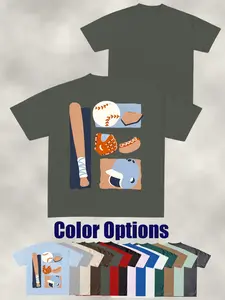 Baseball Equipment Fun Illustration Tee, Vintage Street Short Sleeve T-Shirt, Unisex Casual Graphic Top, Summer Fashion Essential