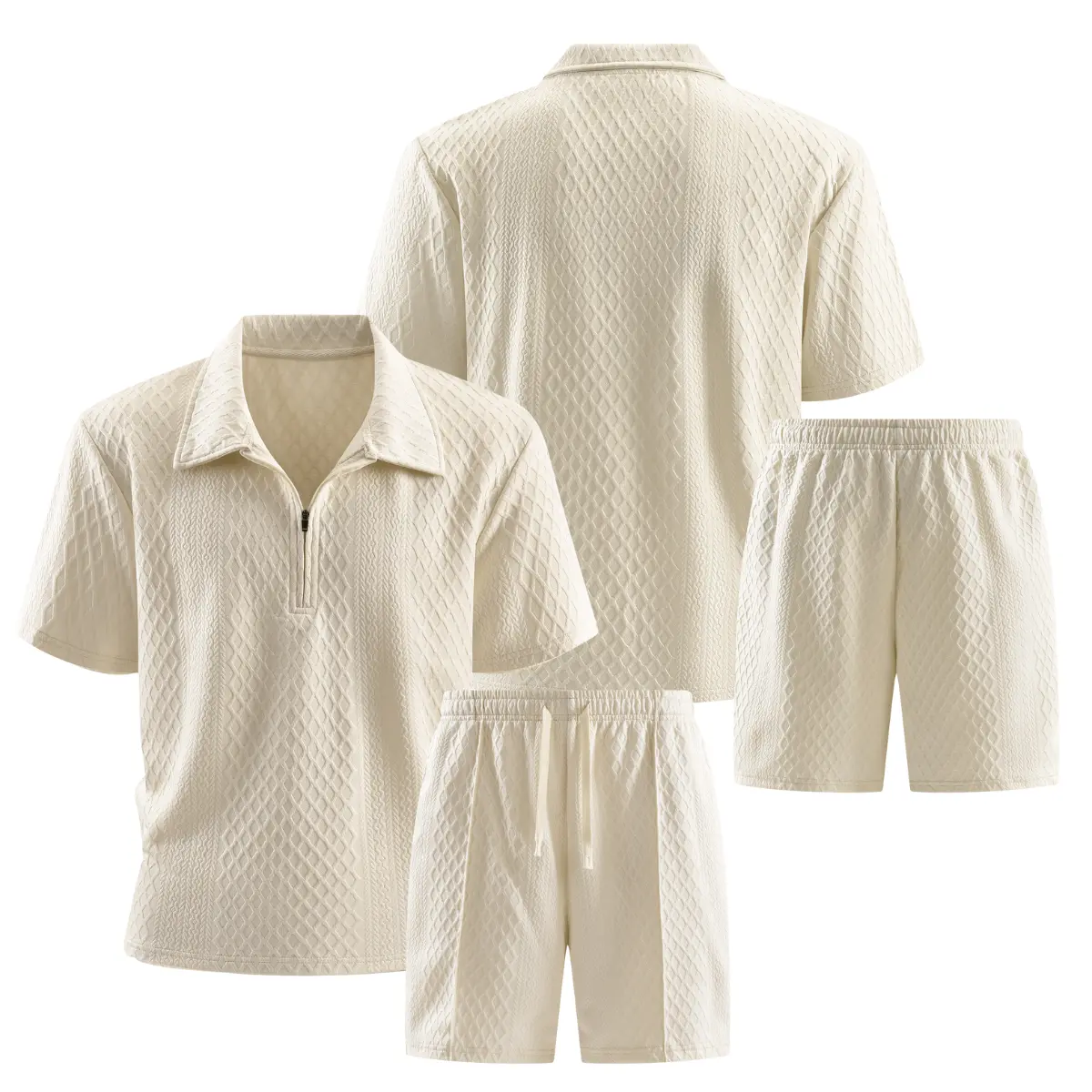 Men's Top 2-Piece Fitted Collared Neck Short-Sleeve Artisanal Textured Plain Polo Co-ord Set - Elevated Casual Menswear Clothing, Matching