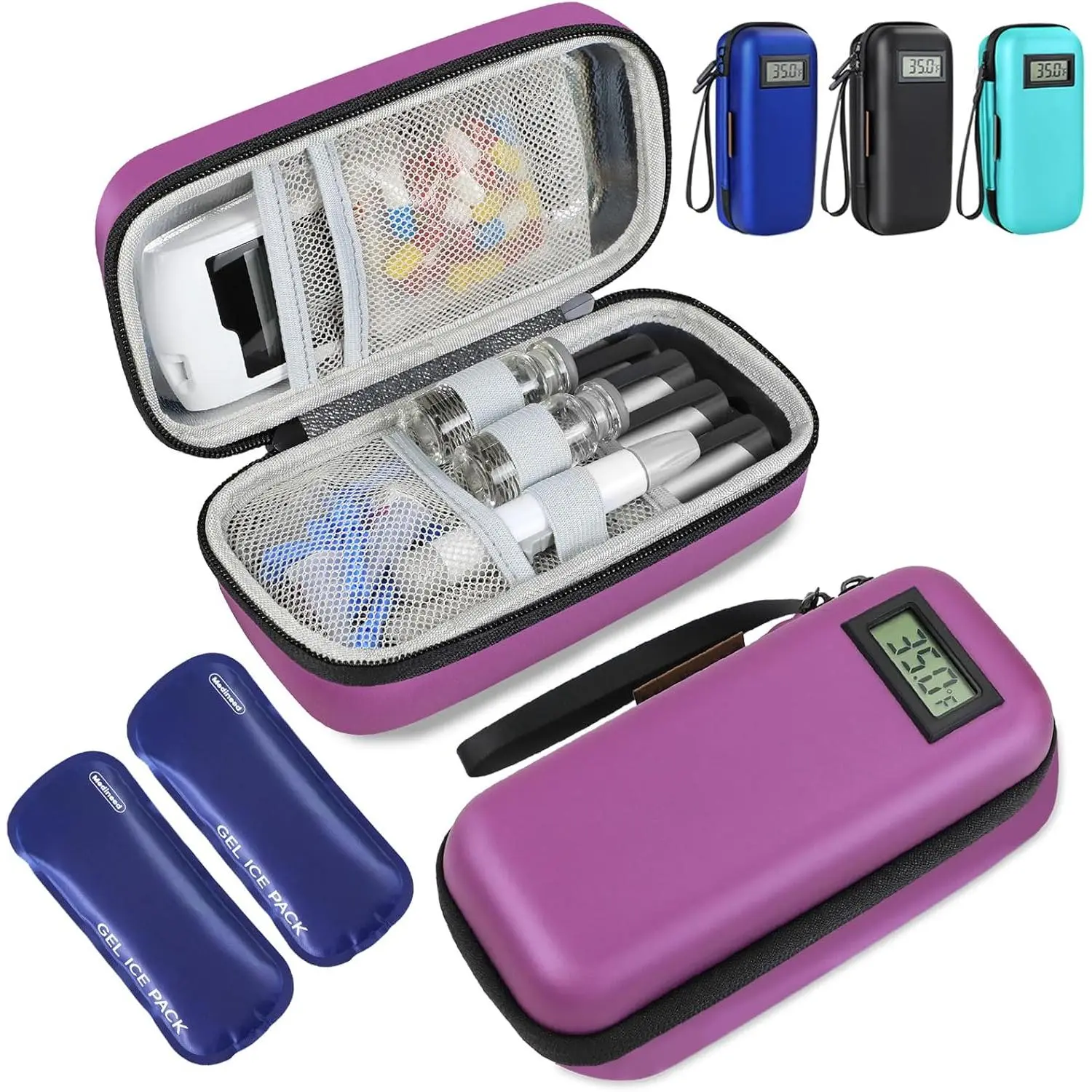 TSA-Approved Insulin Travel Kit, Temperature Display Diabetes Storage Bag with 2 Reusable Ice Packs for Diabetic Supplies, Patent Pending (Purple)