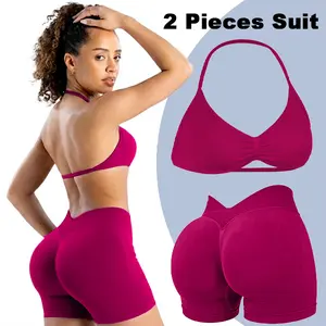 [SIZE UP 1] GYMER TWO PIECES SUIT Impact Strappy Bra & LJ V-BACK SCRUNCH SHORTS Seamless Workout Set High Support Gym Yoga Activewear Booty Lift