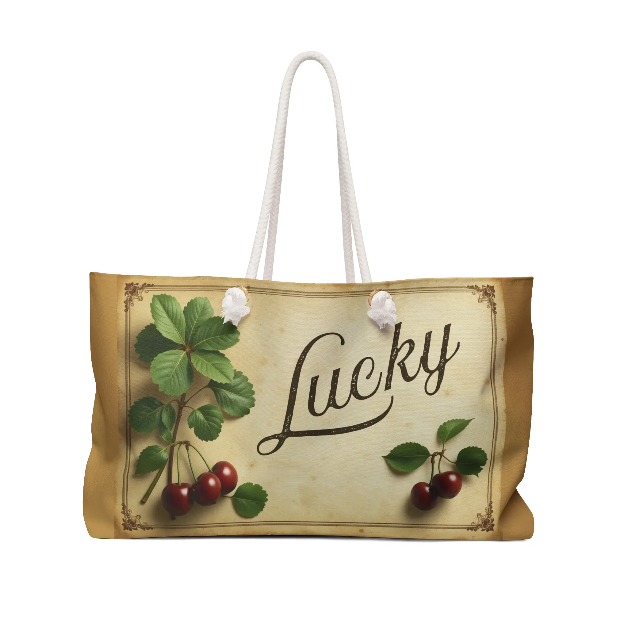 Vintage Lucky Weekender Bag, Travel Tote, Cherry Blossom Handbag, Gift for Her, Summer Vacation, Boho Chic Style