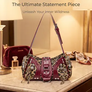 Women's Vintage Leopard Punk Bag – Y2K Edgy Motorcycle Shoulder Purse – Premium PU Leather Underarm Bag with Metal Studs & Zippers