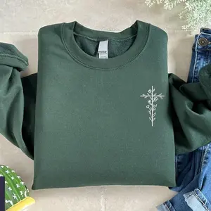 Christian Embroidered Crewneck, Minimal Cross Sweatshirt, Cozy Faith Outfit For Women
