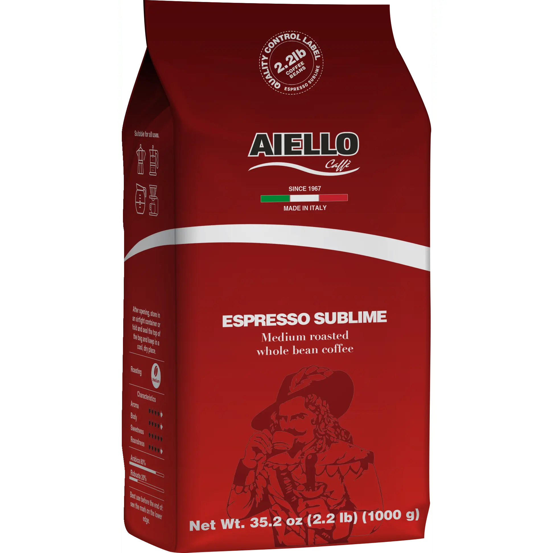 Aiello Caffé Italian Espresso Sublime Coffee Beans 2.2 lb Bag Medium Roasted Whole Bean Blend for Pour Over Drip & Espresso Machine