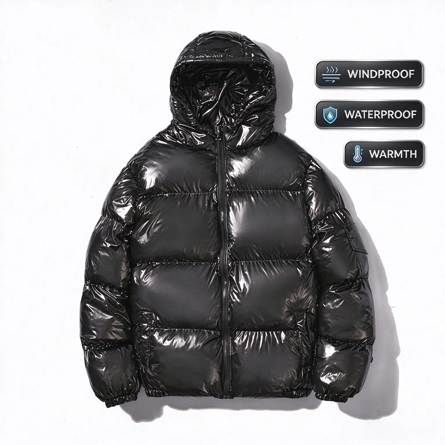 Mens Shiny Puffer Jacket Zip Up Hooded Coat Thick Cotton Padded Outerwear Warm Winter Streetwear Fashion Casual Loose Fit Clean Look Windproof Thermal Jacket With Side Pockets Stylish Minimalist Design For Cold Weather Comfort