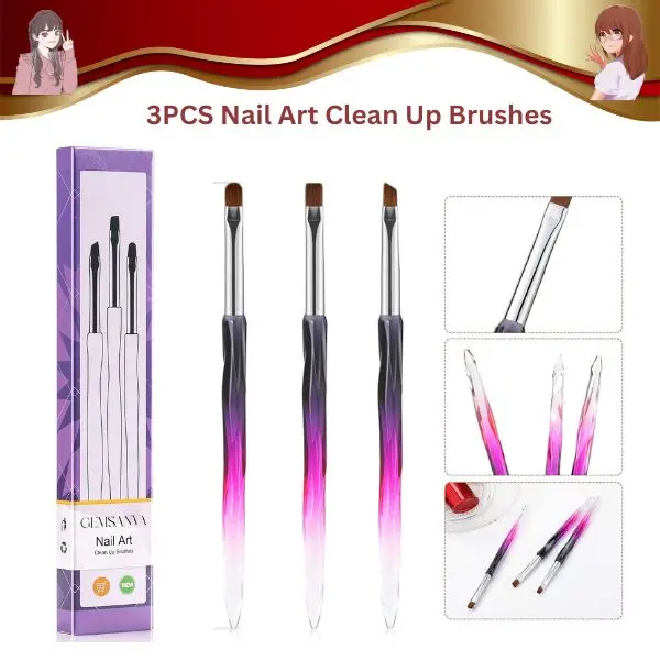 3PCS Nail Art Clean Up Brushes – Angled, Flat & Oval Gel Nail Brushes for Cleaning Polish Mistakes & DIY Nail Design (Black Purple) Manicure Supplies Nail Tools