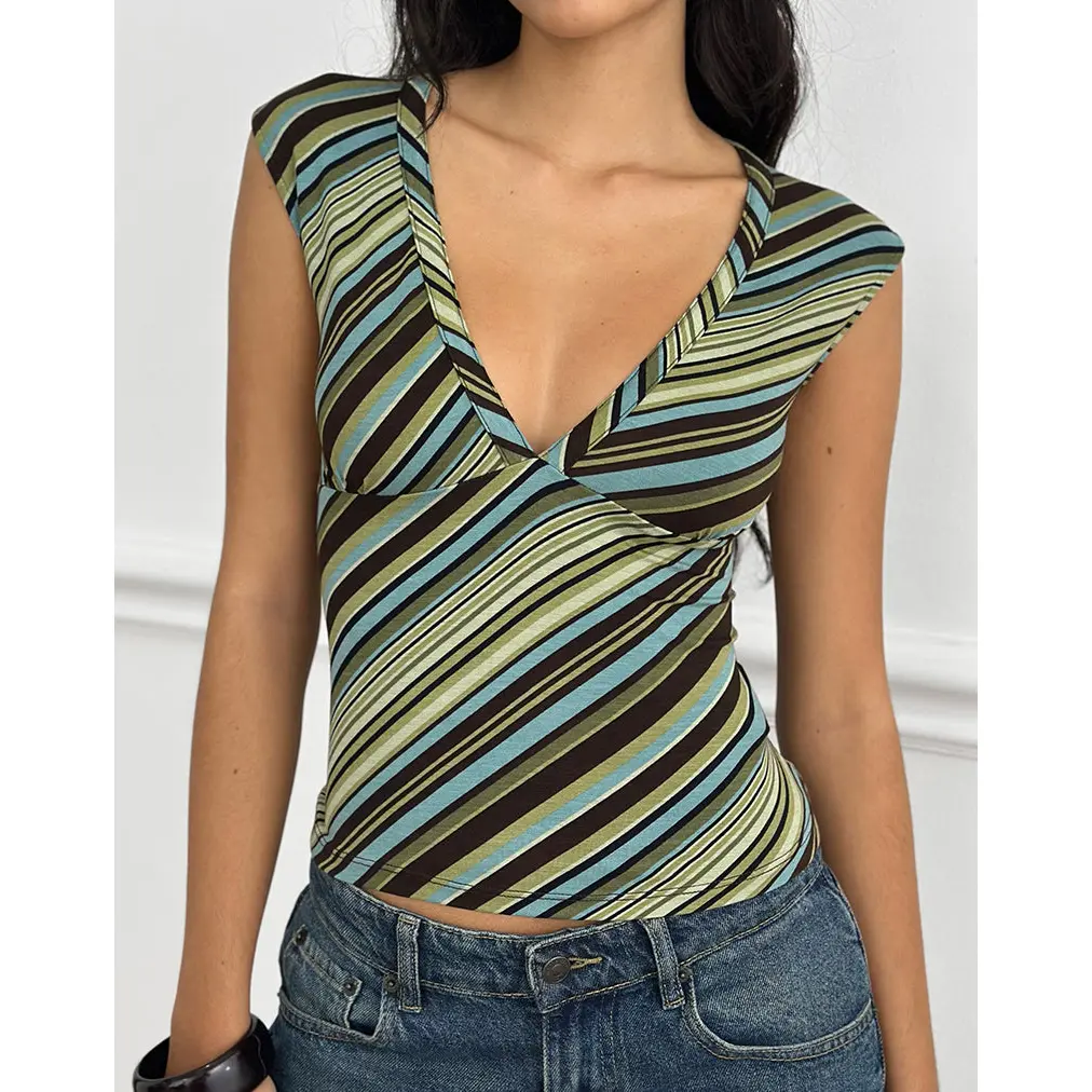 MOTEL Emberly Plunge Top in Mixed Stripe Green