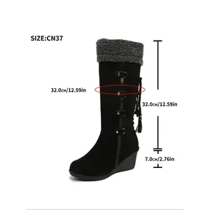 Women's Winter New Fleece Lined High Heel Boots, Lamb Fur Warm Lace-Up Fringe Boots, Vintage Matte Leather Height Increasing Snow Boots, Fluffy Snow Boots