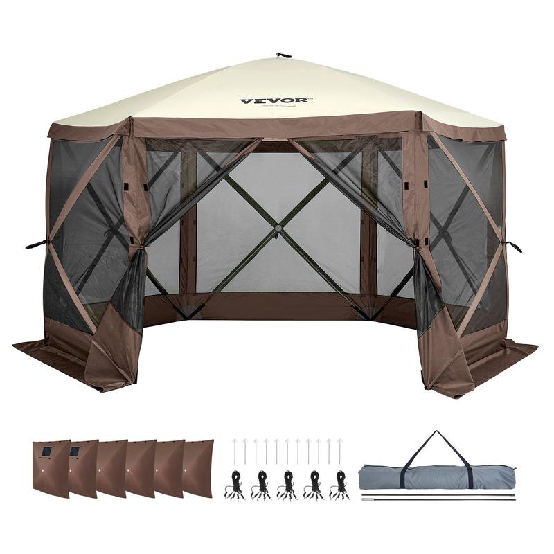 VEVOR Camping Gazebo Screen Tent, TikTokShopBlackFriday, 12*12ft, 6 Sided Pop-up Canopy Shelter Tent with Mesh Windows, Portable Carry Bag, Stakes, Large Shade Tents for Outdoor Camping, Lawn and Backyard, Brown/Beige