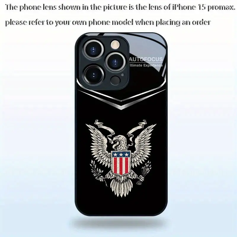 Eagle Emblem Premium Texture Business-Style Black Glass Protective Cover for iPhone 17,16,15,14,13,12,11,X,XR,XSMAX,7,8,7P,8P - Special Edition Fashion Pattern Smartphone Accessory for Cellphone, Handheld Devices