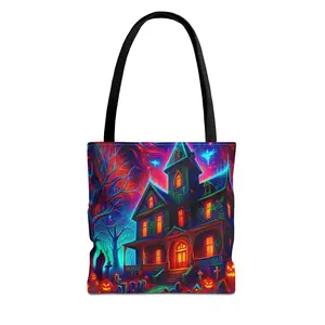 Psychedelic Haunted House Tote Bag, Spooky Candy Bag, Halloween Carryall, Trippy Trick or Treat Tote, Haunted Mansion Grocery Bag