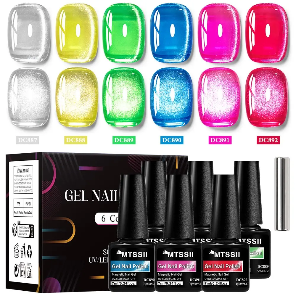 MTSSII 7pcs Translucent Glass Cat Eye Gel Nail Polish Set, Glitter Jelly Glass Bead Magnetic Gel Polish with Magnetic Stick, Shiny Home Salon Nail Art DIY UV Gel Manicure for Women's Fashion Design Manicure, Gel Shine Finish