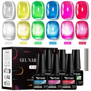 MTSSII 7pcs Translucent Glass Cat Eye Gel Nail Polish Set, Glitter Jelly Glass Bead Magnetic Gel Polish with Magnetic Stick, Shiny Home Salon Nail Art DIY UV Gel Manicure for Women's Fashion Design Manicure