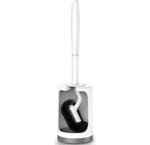 HAMITOR Toilet Bowl Brush Holder Set: Curved Design with Holder for Deep Cleaning Under Rim - Compact Hidden Scrubber for Small Space - Modern RV Bathroom Accessories - White