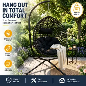 Foldable Hanging Egg Chair with Stand Heavy Duty Wicker Swing Chair 350 lbs Capacity with Soft Cushion Weatherproof Rattan Outdoor Patio Indoor Bedroom Balcony Furniture Relaxing Lounge Seat Black