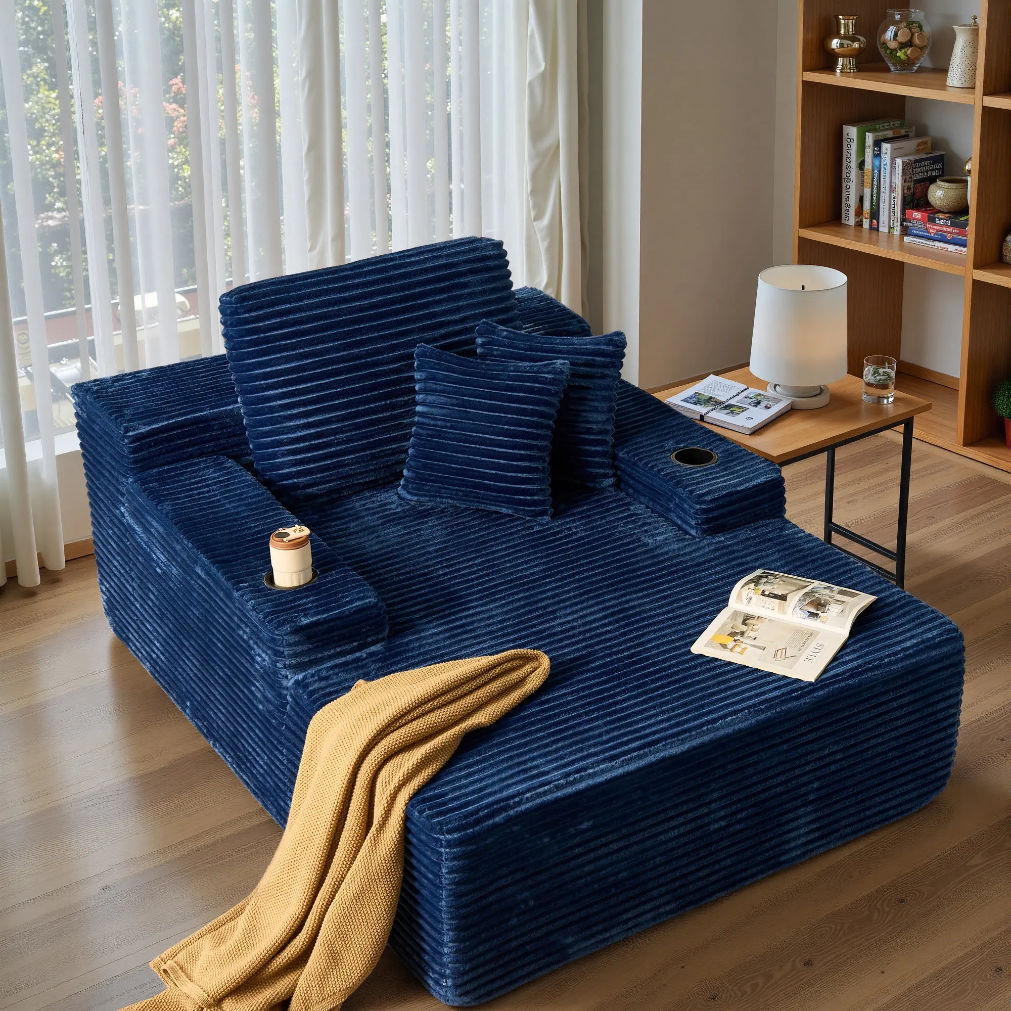 ALLWEX 48x67 in Ribbed Corduroy Cloud Sofa with Fixed Arms, Cup Holders & Throw Pillows, Deep Seat Lounge Couch with Chaise, Soft Upholstered Furniture for Living Room & Bedroom