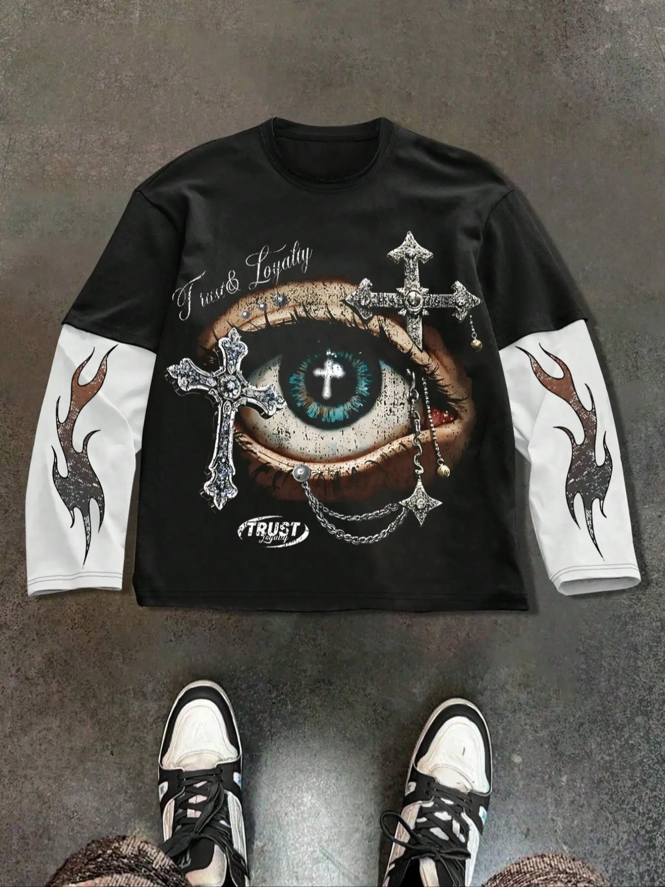 Unisex Y2K Style New Fall Winter Trendy Casual Fashion Comfortable Fitted Star Eye Print Patchwork Long Sleeves Faux Two-Piece T-Shirt, Streetwear Gothic Couple, Tee