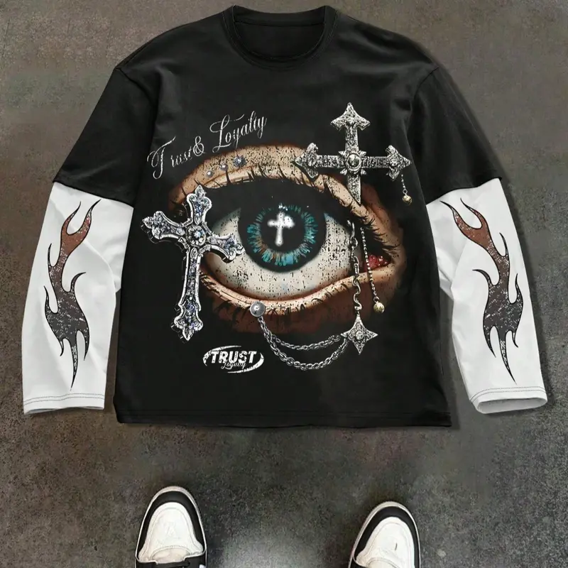 Unisex Y2K Style New Fall Winter Trendy Casual Fashion Comfortable Fitted Star Eye Print Patchwork Long Sleeves Faux Two-Piece T-Shirt, Streetwear Gothic Couple, Tee