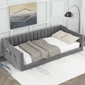 Twin XL Upholstered Daybed Floor Bed Frame - Upholstery Platform with Vertical Channel Tufting, Side Storage Pocket, No Box Spring Needed, Easy to Assemble, Perfect for Small Living Spaces, Versatile for Modern Living