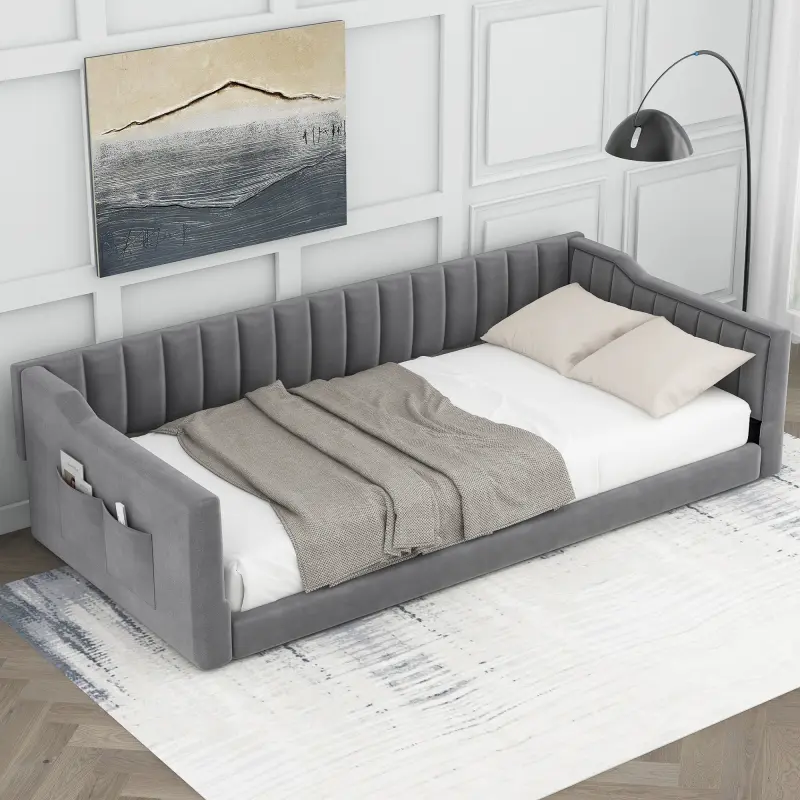 Twin XL Upholstered Daybed Floor Bed Frame - Upholstery Platform with Vertical Channel Tufting, Side Storage Pocket, No Box Spring Needed, Easy to Assemble, Perfect for Small Living Spaces, Versatile for Modern Living