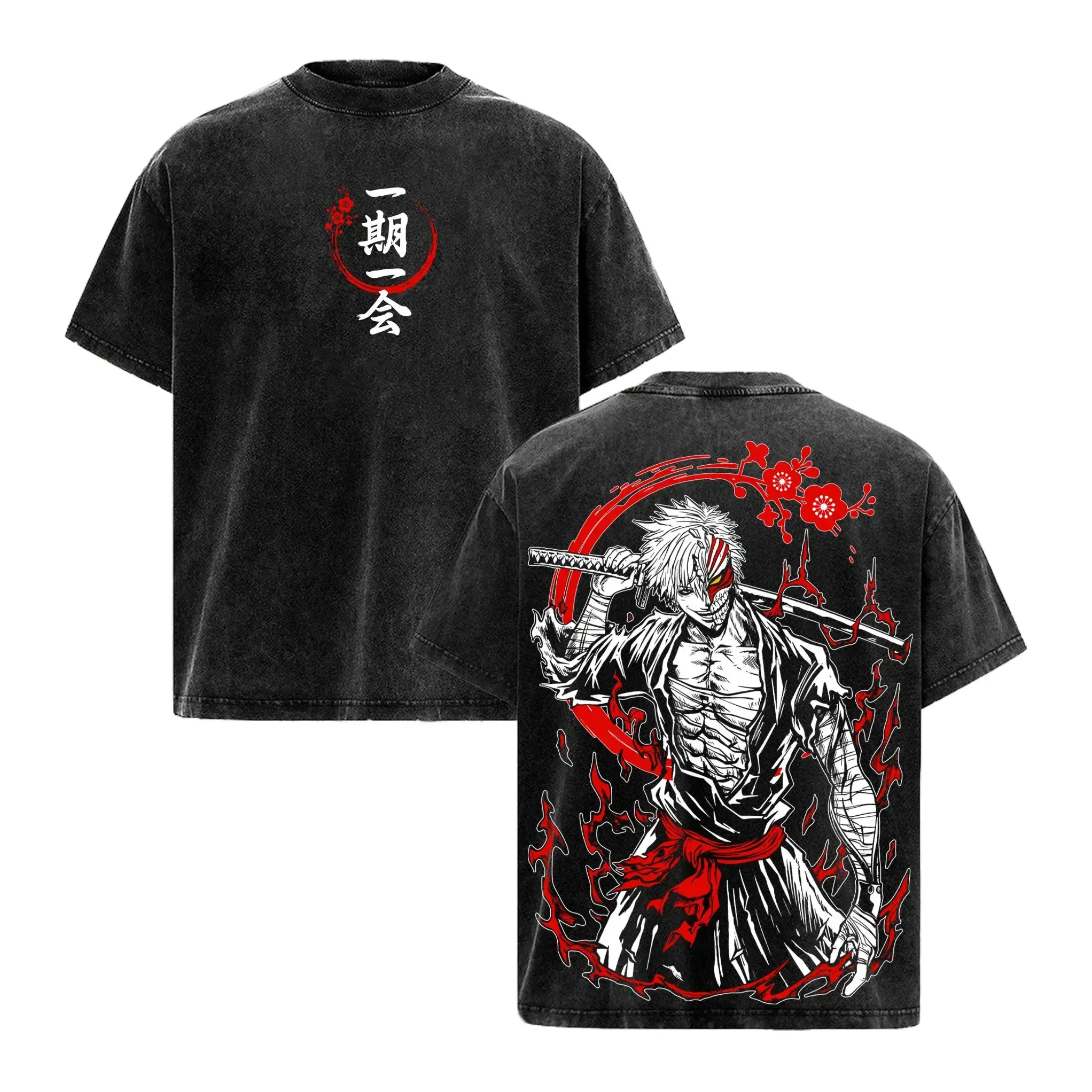 Vintage Washed Heavyweight Cotton Bleach Ichigo Kurosaki Anime Tee Men's Oversized Acid Wash Soul Reaper Graphic T-Shirt Hollow Mask Japanese Samurai Streetwear 90s Retro Casual Gym Short Sleeve Shirt Y2K Manga Fashion Apparel Everyday Trendy Tops