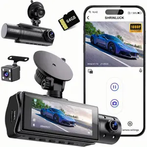 1080p Triple Dash Cam Front and Rear Inside Camera with WiFi & APP Control, 64GB Card Included, Night Vision, Loop Recording, G-Sensor Car Camera for Cars Trucks SUVs