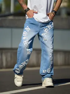 Men's Cartoon Embroidery Loose Jeans, Casual Comfy Denim Pants for Daily Wear, Woven Bottoms for All Seasons, Cotton, Graffiti Jeans, Baggy Jeans, Streetwear, Graphic Jeans, Medium Wash, Loose Jeans Trousers