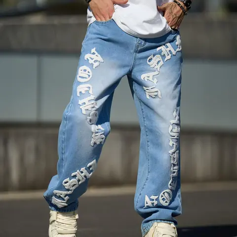 Men's Cartoon Embroidery Loose Jeans, Casual Embroidered Jeans, Casual Comfy Denim Pants for Daily Wear, Woven Bottoms for All Seasons, Cotton, Graffiti Jeans, Baggy Jeans, Slouchy Jeans, Streetwear, Graphic Jeans, Medium Wash, Loose Jeans Trousers