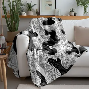 Minimalist Black & White Line Camo Flannel Blanket, Modern Abstract Contour Throw Blanket, 1 Count Soft Warm Comfortable Blanket for Home, Office, Travel and Camping
