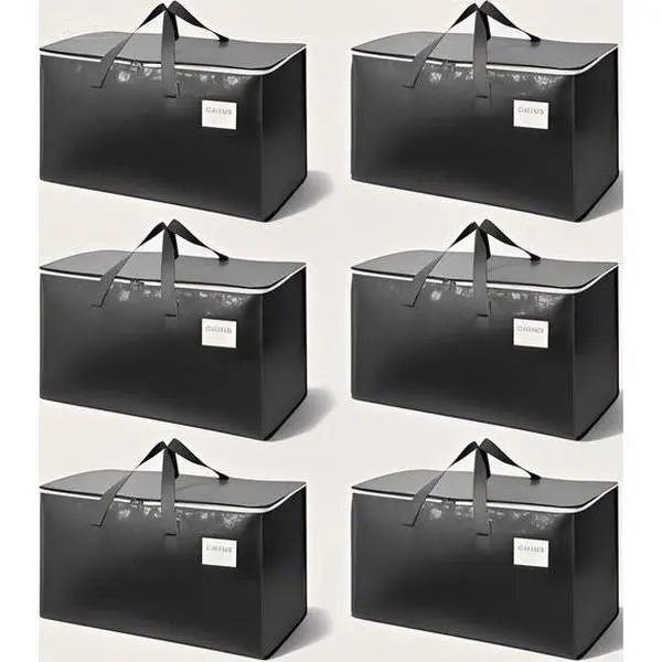 Extra-Large Waterproof Storage Containers with Durable Zippers & Reinforced Handles - Heavy-Duty 6-Pack Totes for Moving, Travel, and Space-Saving Organization (Black)