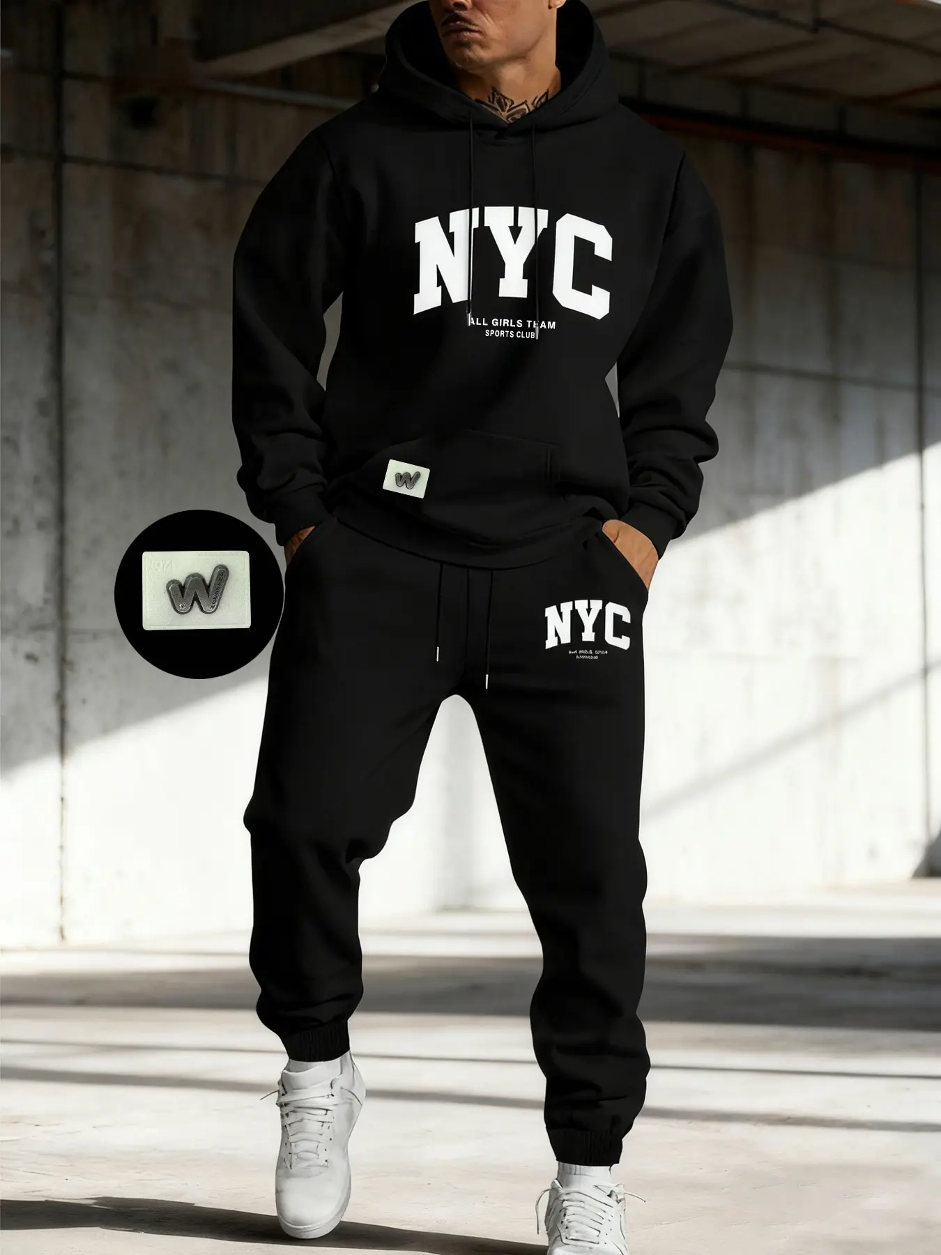 Men's Nyc Print Hooded Thickened Sweatshirt + Drawstring Sports Pants Set, Casual Fitted Long Sleeve, Fall & Winter Outdoor Wear, Streetwear Tracksuit Set