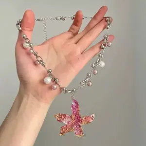 [Choker Pearl] Chain Necklace Imitation Pearl Pink Flower Design Elegant Jewelry For Women Daily Gift Holiday Party