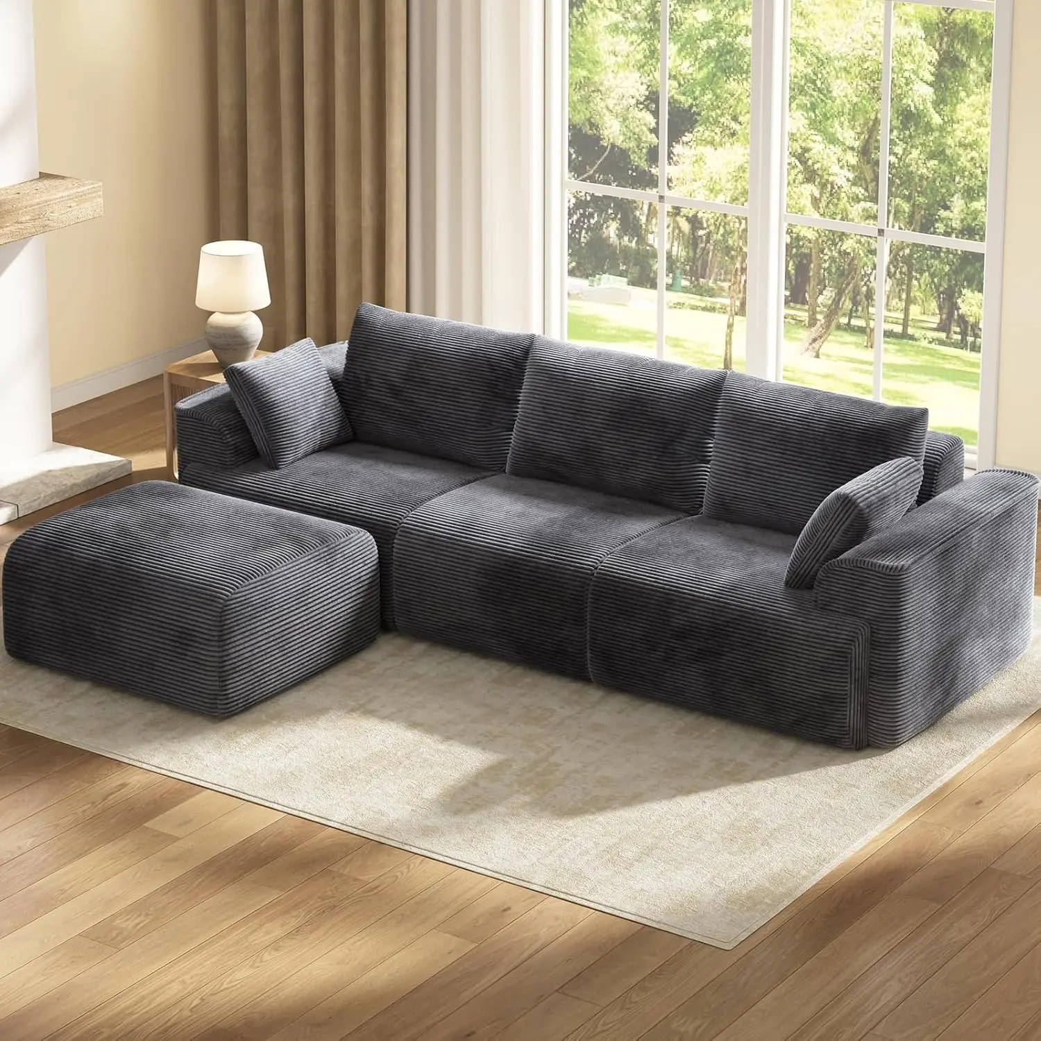 Sikaic 108" Corduroy Sectional Modular Sofa, L Shaped Boneless Couch with Reversible Chaise, Deep Seat for Living Room, No Assembly Required, High-Resilience Foam, Grey Summerwins