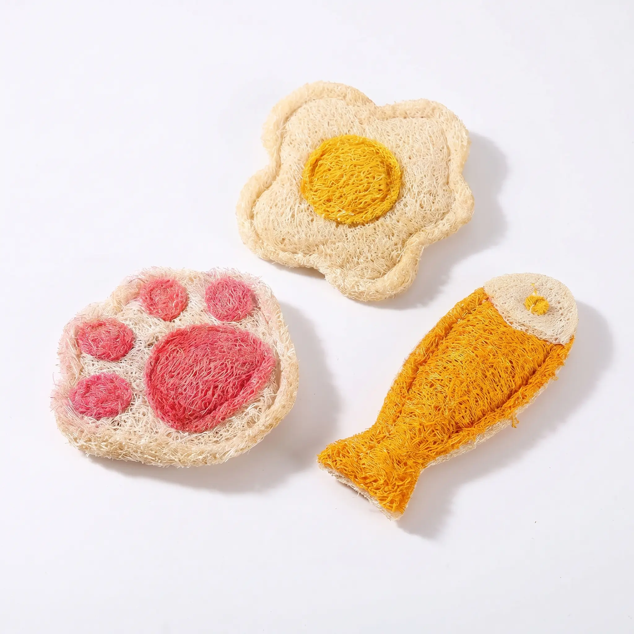 Eco-friendly loofah pet chew toy with catnip, suitable for cats and dogs - durable for chewing, helps remove tartar, relieves stress, aids digestion, fish/egg/paw shapes, tooth-care interactive toy, perfect for kittens and puppies, practical home pet toy